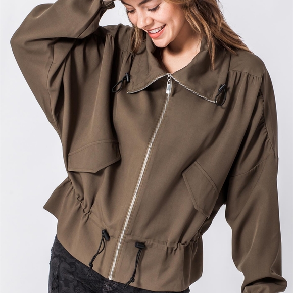 Olive Lightweight Dolman Sleeve Zippered jacket - Picture 3 of 5